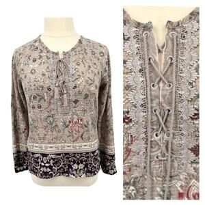 Vintage X America Lace-Up Waffle Knit Top XL Long Sleeve Floral Boho Cottagecore